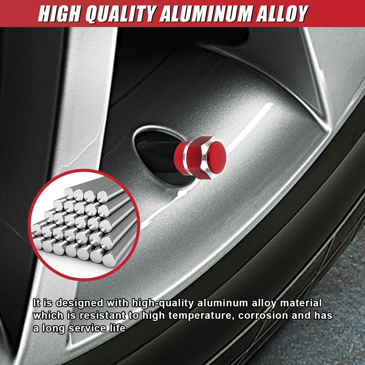 4PCS Car Tire Valve Stem Caps, Aluminum Alloy Tire Valve Caps, Dustproof Waterproof Hexagon Shape Car Stem Covers, Automotive Wheel Air Cap for Truck, SUV, Bike, Motorcycle (Red) - Image 3