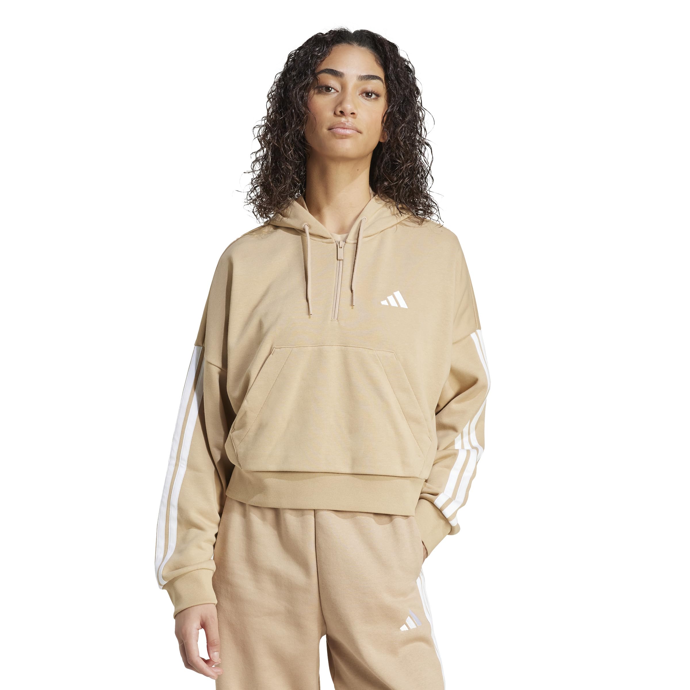 adidas Kobiety ESSENTIALS 3-STRIPES FRENCH TERRY QUARTER-ZIP HOODIE, warm sandstone/white, XL