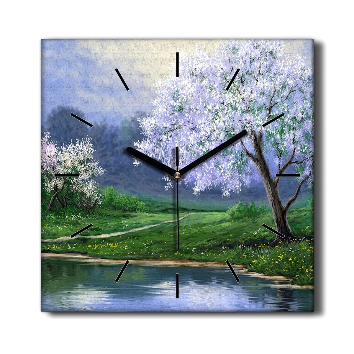 Horloge sur Toile Fleurs d'arbres Lac Tableau Mural Carré