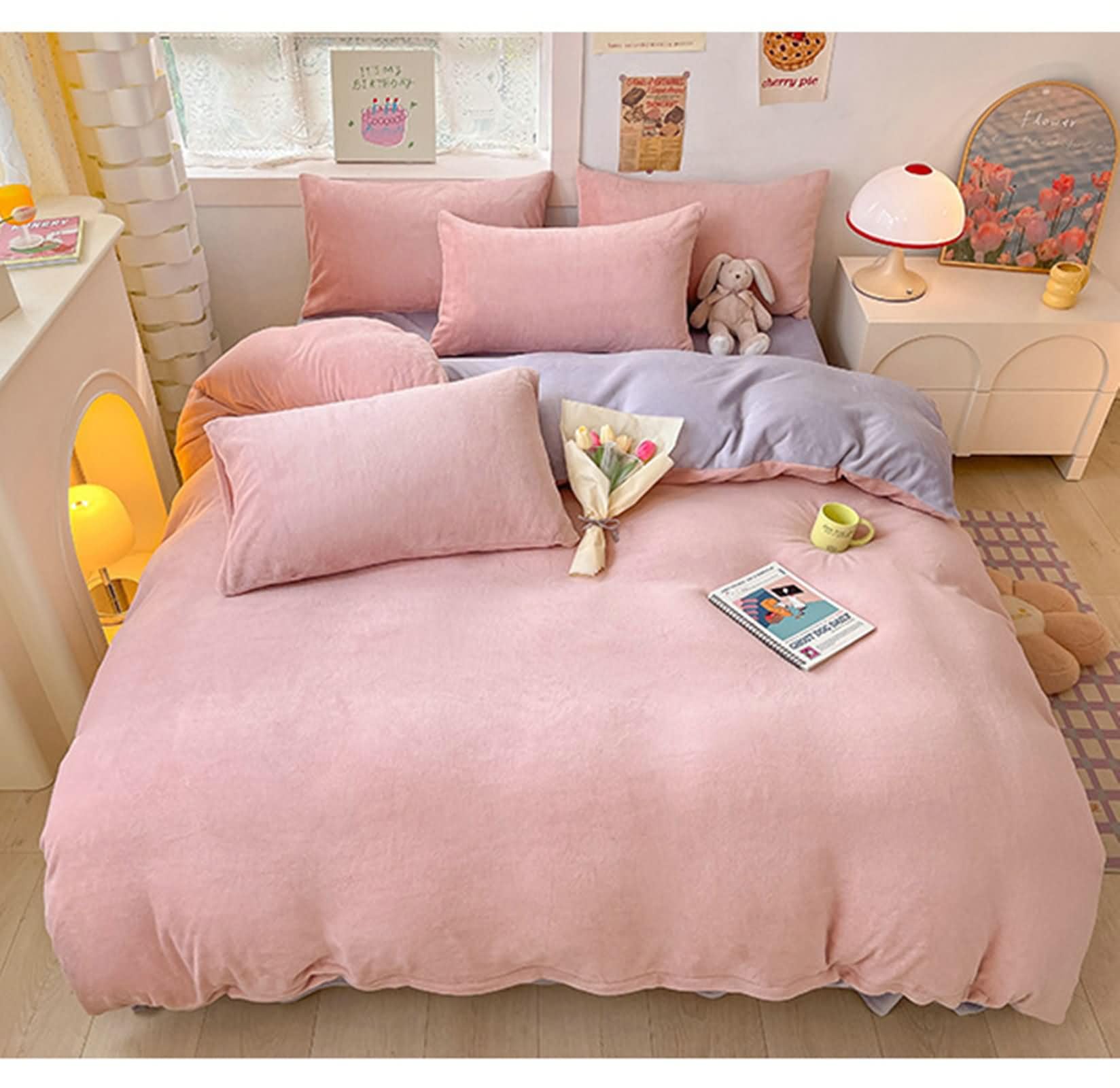 Juego de Funda Nordica 4 Piezas para Cama 180, 220x240cm, Bajera 180x200cm y 2 Fundas Almohada, Color Sólido Bicolor, Terciopelo Suave, Rosa Púrpura Claro
