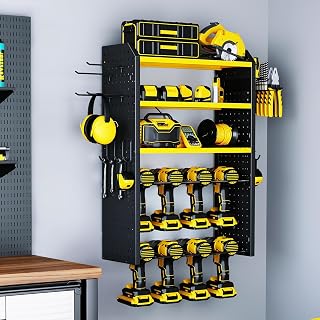 KAFAHOM Power Tool Organizer，Large 8 Drill Holder Wall Mount with 2 Side Pegboards,5 Layer Heavy Duty Metal Tool Storage Rack ，Tool Shelf for Garage Organization，Utility Battery Shelves- Yellow