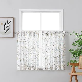 Chyhomenyc Roman Kitchen Curtains 36 Inch Length, Light Filtering Linen Blend Textured Small Window Curtains Over Sink, Leaf Floral Printed Short Curtain for Bathroom Basement, 28Wx36L inch, 2PCS