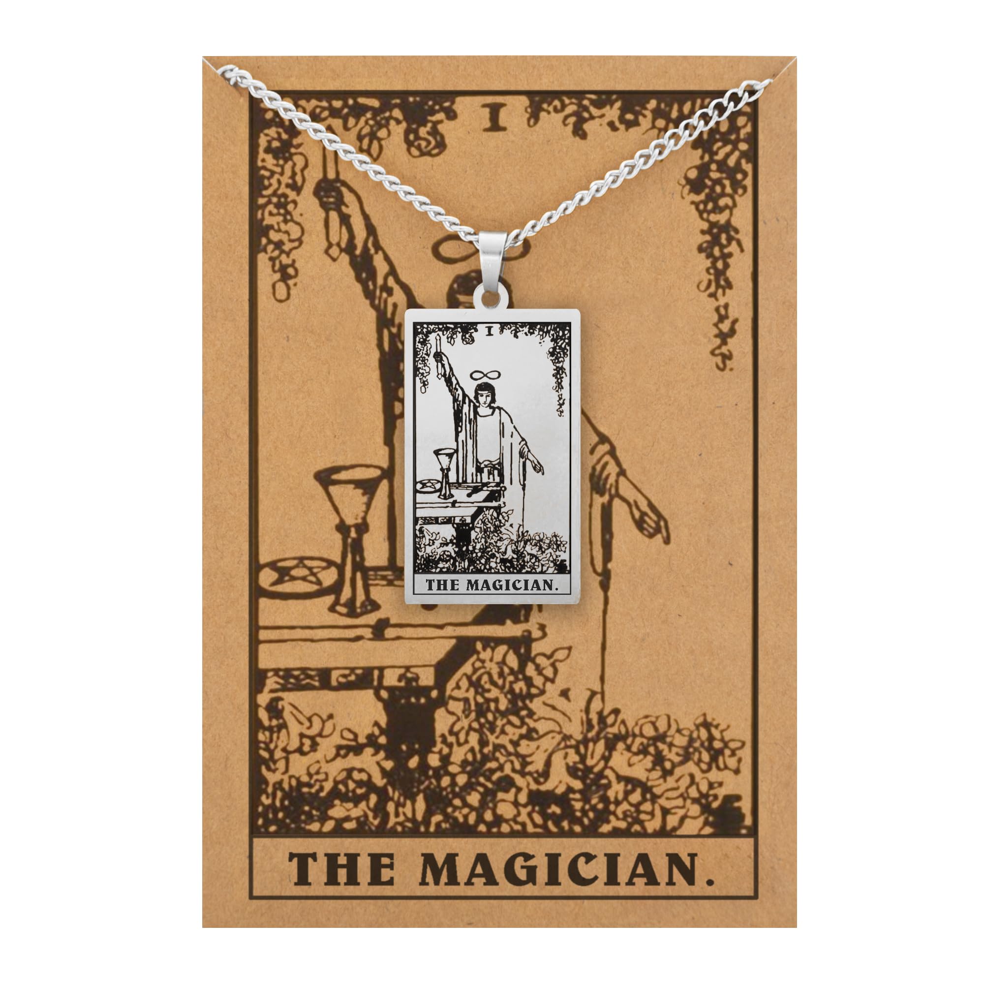 Pax Amare Tarot Kette 1 Der Magier – Silberfarben – 22 Große Arkana Anhänger mit Rider-Waite Karte – Edelstahl Halskette Silberfarben 60cm – Spiritueller Schmuck & Geschenkidee
