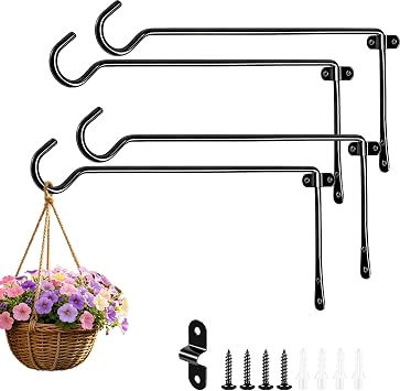 13.3 Inch Metal Wall Plant Hangers, Heavy Duty Hanging Hooks for Plants, Bird Feeders, Wind Chimes and Flower Baskets, Indoor and Outdoor Use, 4 Pack Black