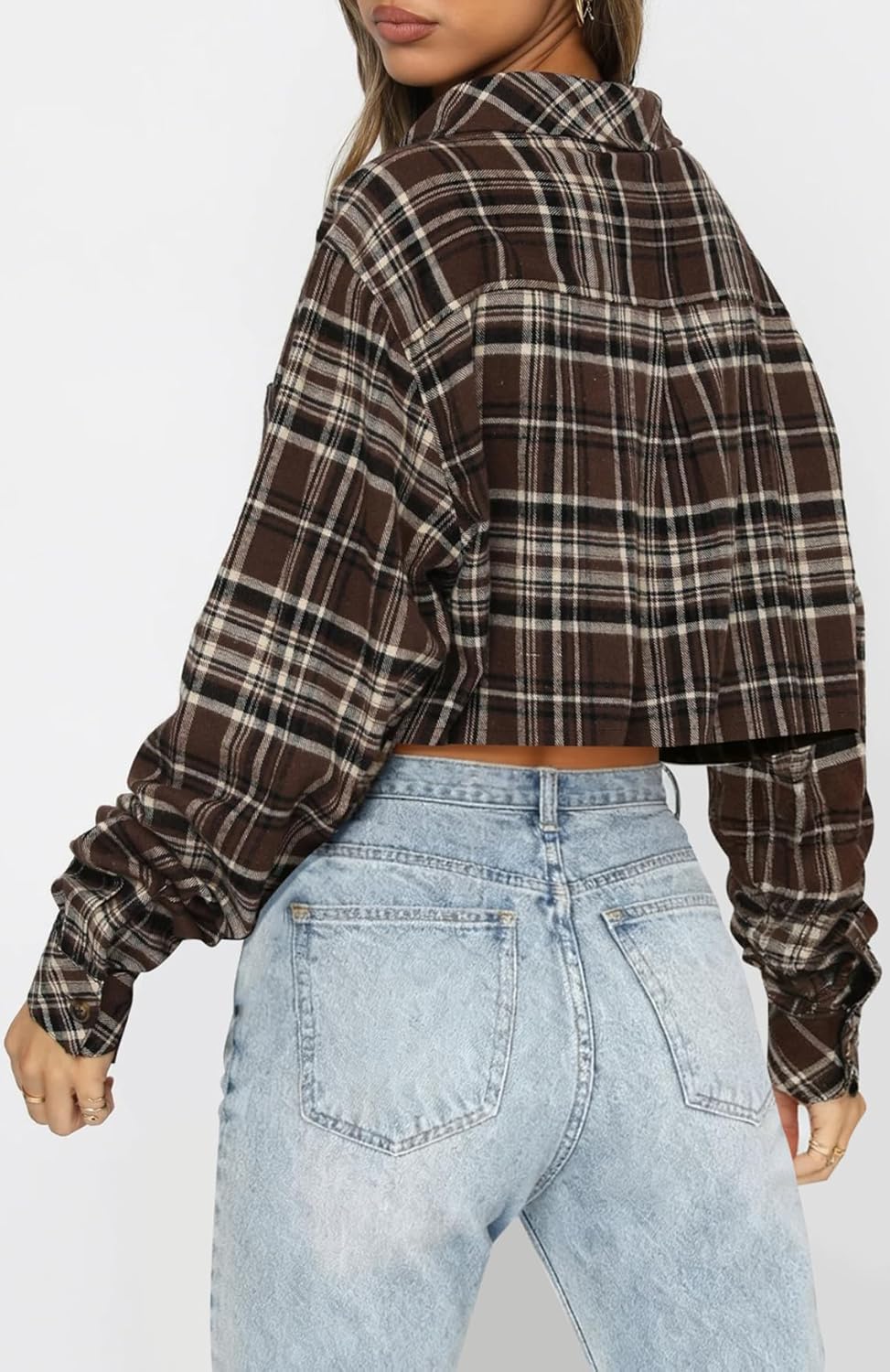 Lacozy Cropped Flannel Shirt for Women Button Down Plaid Cropped Shirt Casual Long Sleeve Crop Blouses Spring Fashion - Image 2