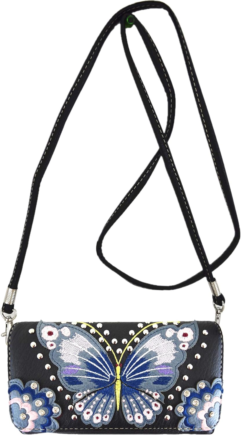 Western Style Springtime Embroidery Butterfly Floral Leather Totes Purse Country Handbag Women Shoulder Bag Wallet Set - Image 5