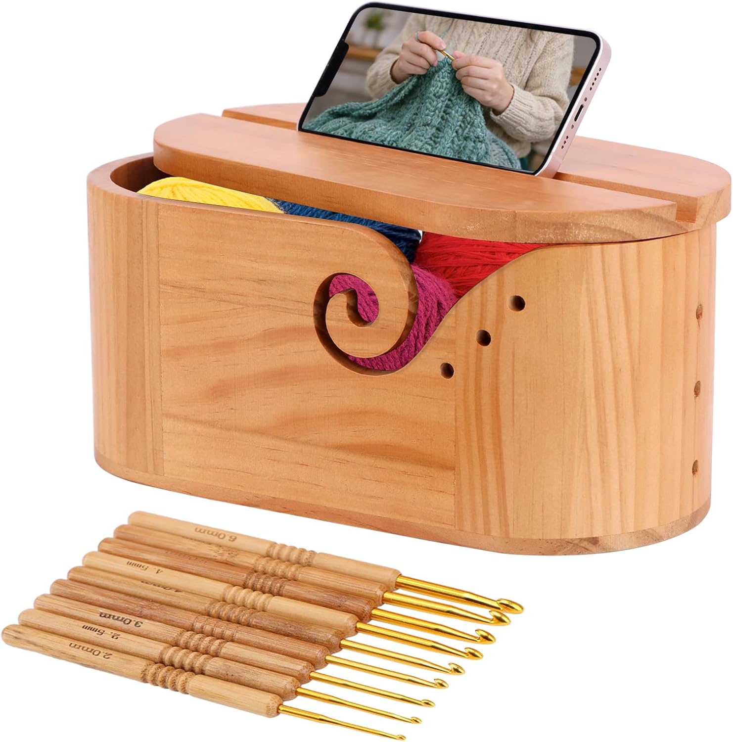 Large Oval Wooden Yarn Bowls for Knitting with 9 Pcs Crochet Hooks, Yarn Storage Crochet Bowl Knitting Gift, Portable Double Curling Slot Crochet Yarn Bowl with Lid
