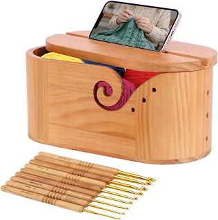 Large Oval Wooden Yarn Bowls for Knitting with 9 Pcs Crochet Hooks, Yarn Storage Crochet Bowl Knitting Gift, Portable Double Curling Slot Crochet Yarn Bowl with Lid