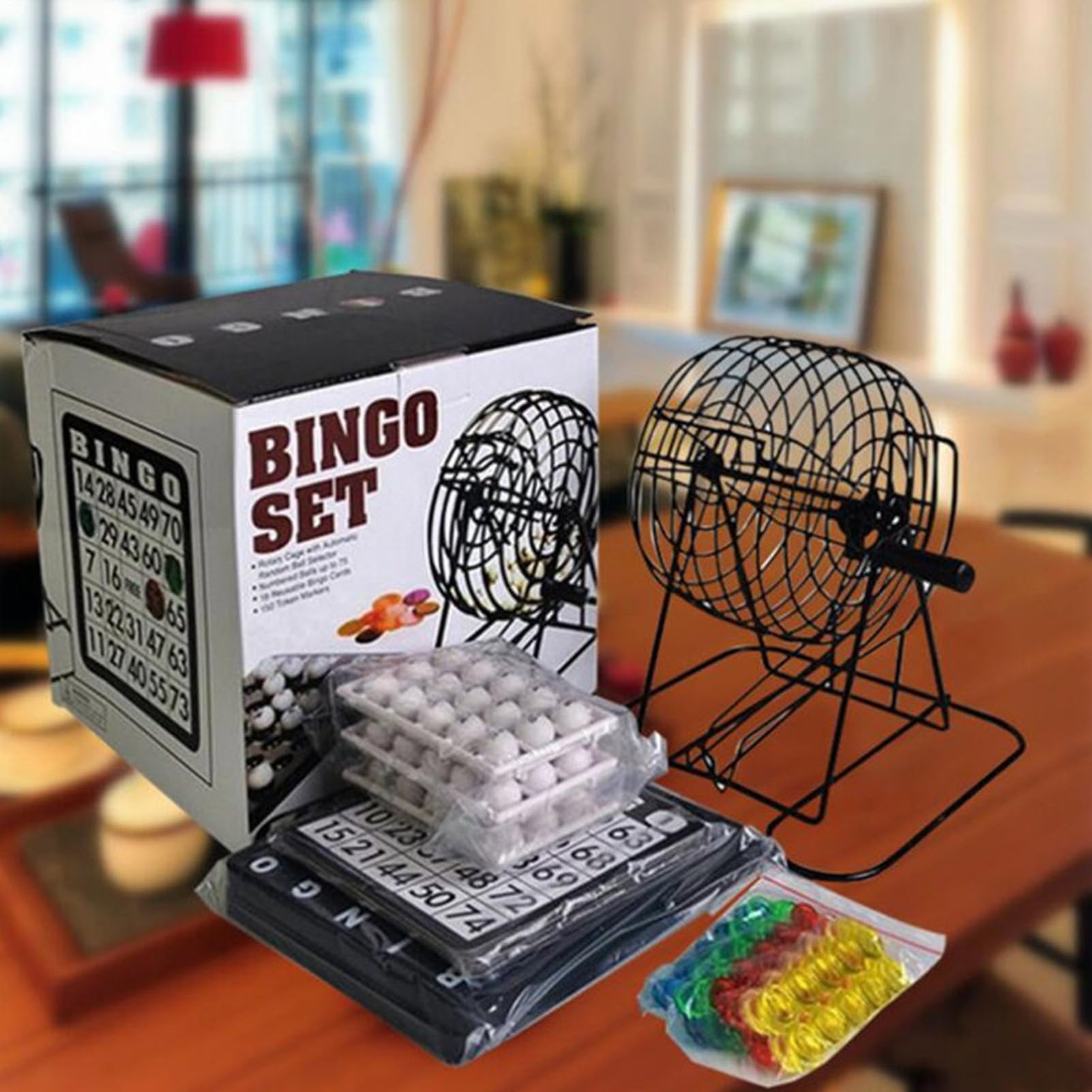 Bingo Spieleset, inklusive Metalltrommel, 18 Bingotickets, 75 Kugeln und 150 Chips, Spielbrett für Familienfeiern, Gruppenpartys, Geburtstage und Feiertage