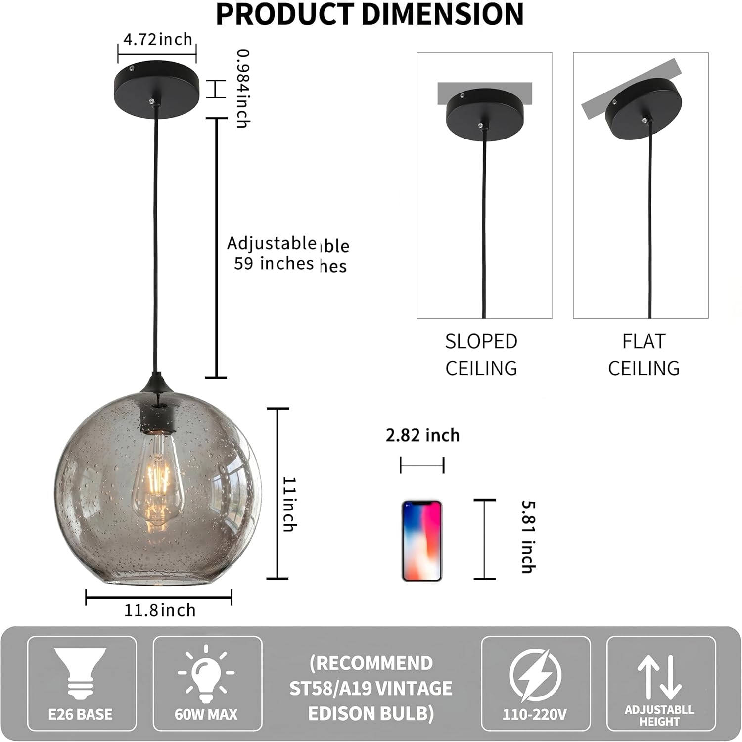 Modern Smoke Grey Seeded Large Glass Globe Pendant Light for Kitchen Island, 11.8" Globe Hand-Blown Bubble Glass Pendant Lighting, Black Hardwired Hanging Ceiling Light Fixture for Dining Room