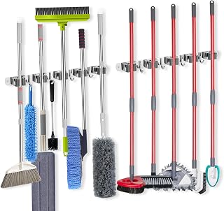 voze [2 Pack] 5 Racks and 4 Hooks Mop and Broom Holder Wall Mount, Self Adhesive Heavy Duty Broom Organizer Storage Tool Racks for Kitchen Garden Laundry Garage, Silver