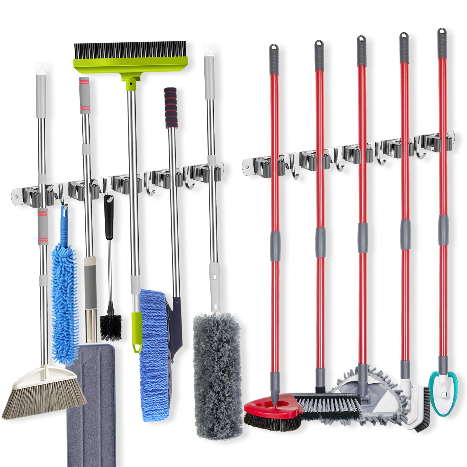 voze [Paquete de 2] 5 estantes y 4 ganchos para fregona y escoba, soporte de pared, autoadhesivo resistente, organizador de escobas, estantes de almacenamiento para cocina, jardín, lavandería, garaje,