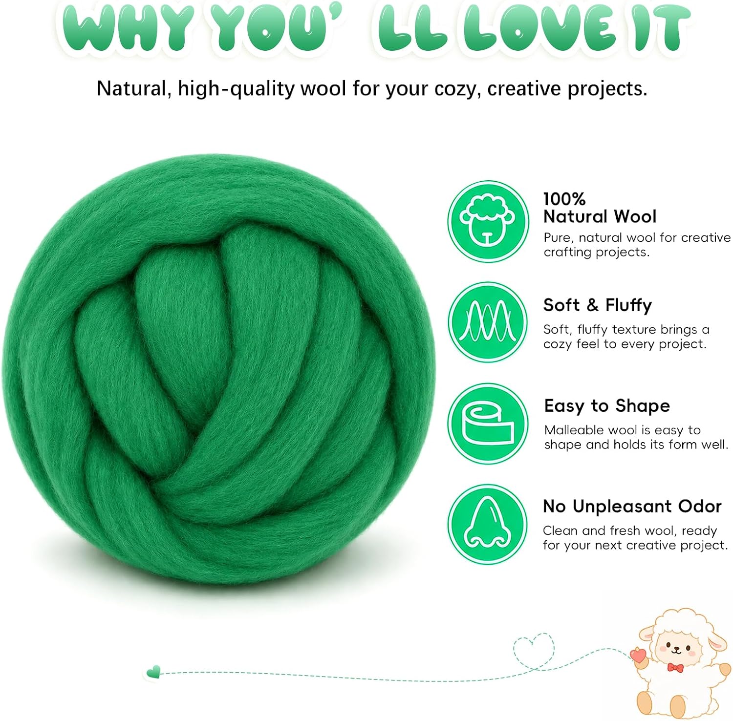 1.76oz(50g) Wool Roving: Needle Felting Wool White Roving Wool Felting Supplies Pure Wools Chunky Yarn Spinning Wool Roving for Needle Felting Wet DIY Hand Spinning(Emerald Green)