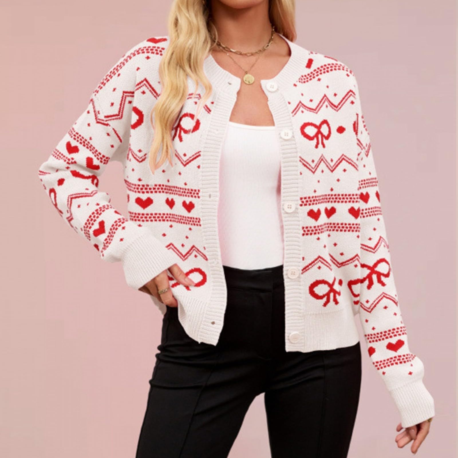 Generisch Chaqueta de punto para mujer, otoño, invierno, día de San Valentín, cárdigan de punto con diseño de corazones, acogedora y suave, tira de botones, ropa exterior informal para el día a día y