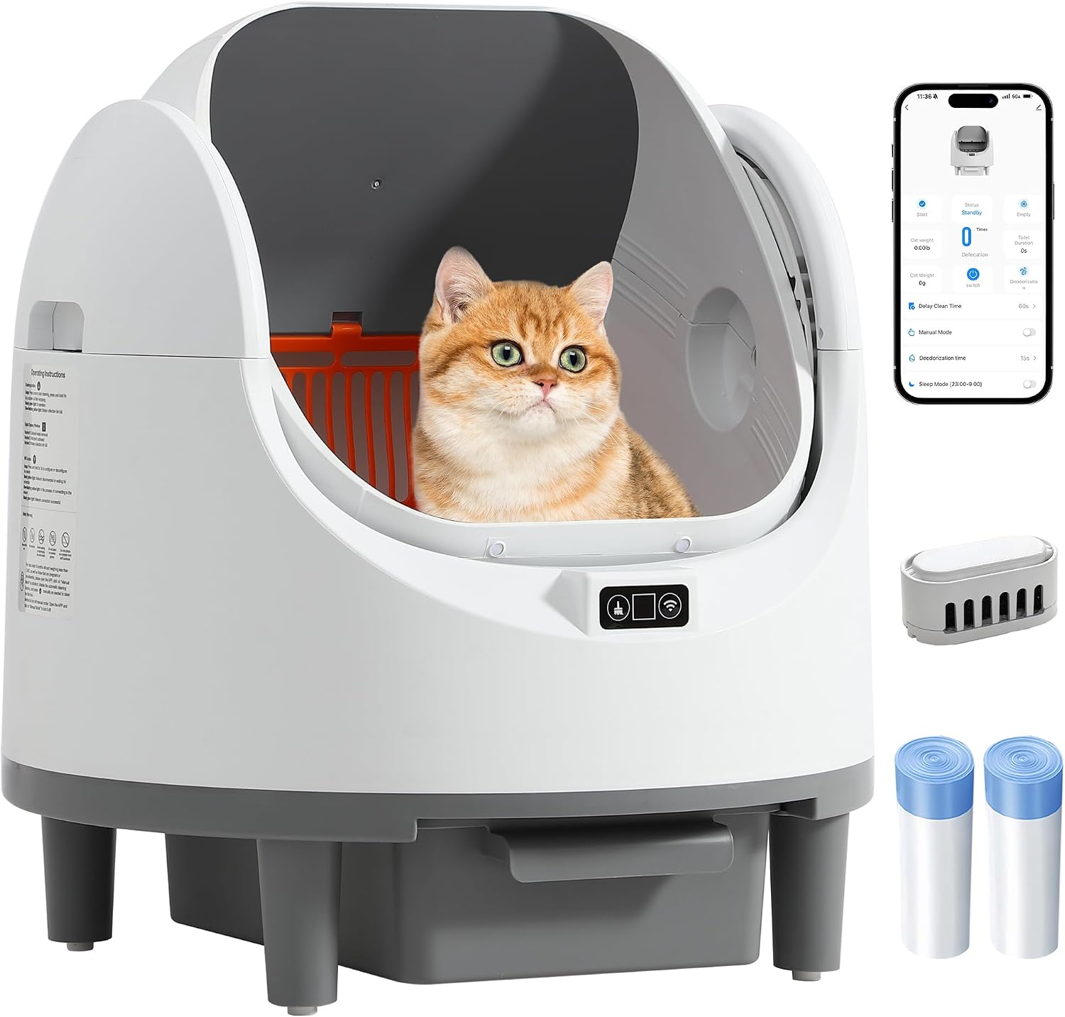 Grepatio Automatic Cat Litter Box, Self Cleaning Litter Box for Multiple Cat, APP Control, Safe Anti-Pinch, Weight Monitoring, Open-Top Smart Litter Box Includes Scent Cartridge, 2-Roll Garbage Bags