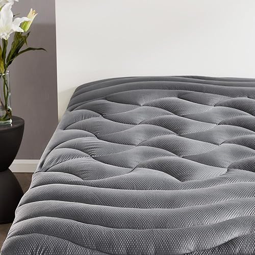 SLEEP ZONE Full Size Cooling Mattress Topper for Double Bed, Premium Zoned Cool Mattress Pad Cover, Padded Mattress Protector Breathable Washable, Deep Pocket 8-21" (Grey, Full)