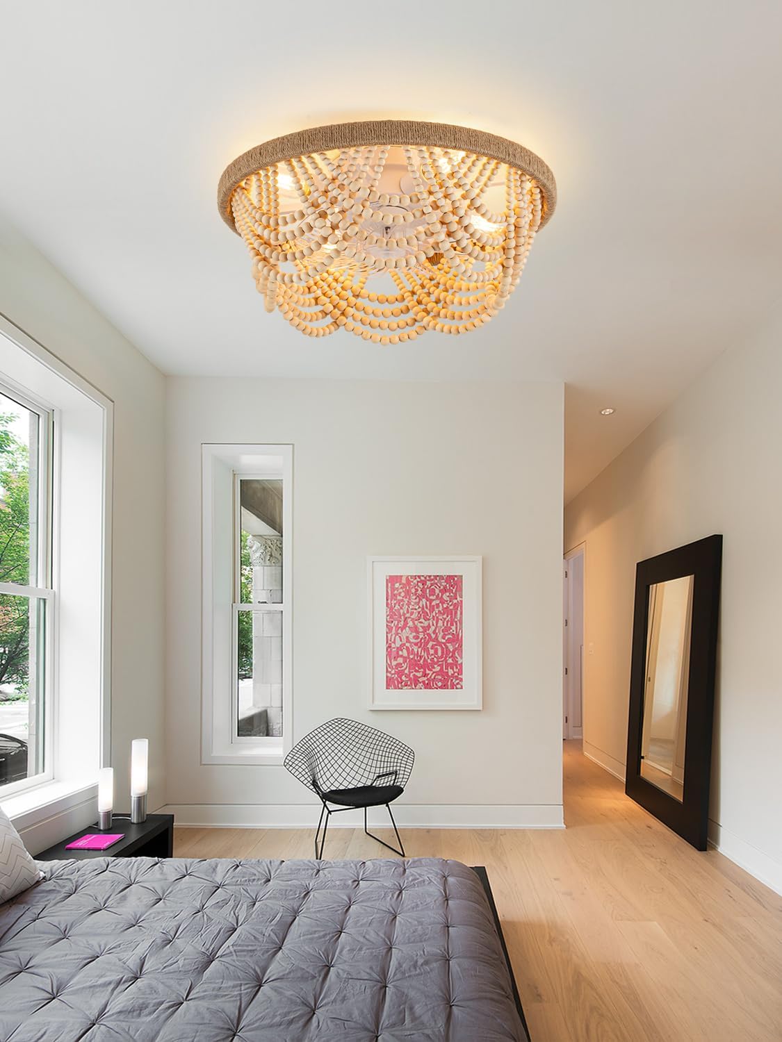20'' Boho Ceiling Fan with Lights Flush Mount Fandelier Ceiling Fan Wood Beaded Coastal Chandelier Light for Bedroom Living Room, Low Profile Reversible 6 Speeds, 4 E26 Bulbs (Not Included)