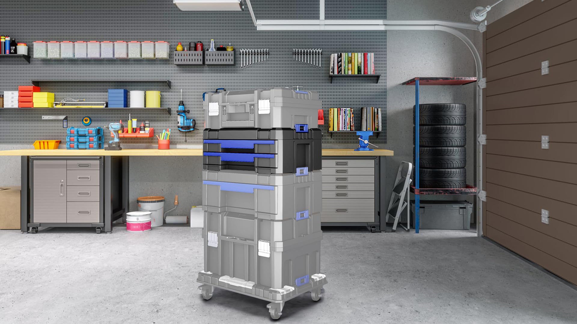 Caja Herramientas de 43CM con Dos Cajones,AIRAJ Caja de Herramientas Modular,Caja Herramientas Vacia Apilable,Con Compartimentos Separadores,Para Guardar Herramientas y Accesorios Pequeños(SC1-B)