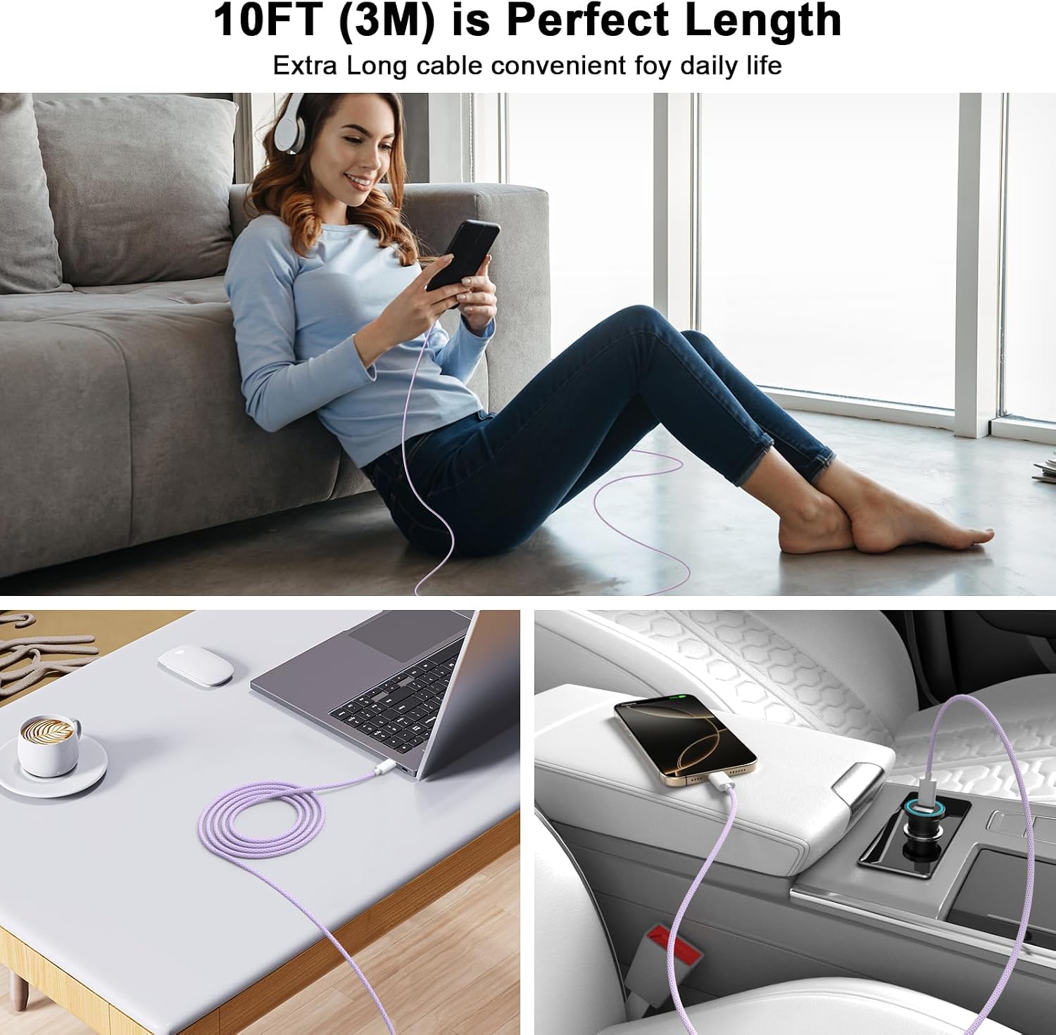 [Certificado MFi] Cabo de carregamento USB C para USB C de 3,5 m para iPhone 16/16 Plus/16 Pro/16 Pro Max/15/15 Plus/15 Pro/15 Pro Max/Galaxy/Pixel, 60W trançado para iPhone 16, roxo