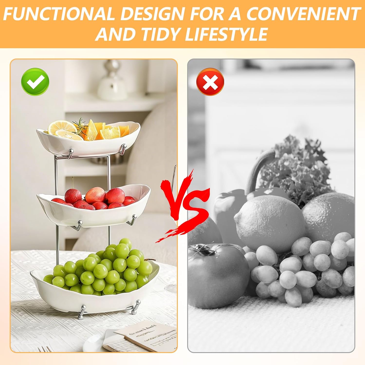 3 Tier Fruit Bowls,Fruit Bowl for Kitchen Counter with Metal Stand,Tiered Fruits Stand for Countertop for Fruits Vegetable Snack Nuts Cake Dessert Storage