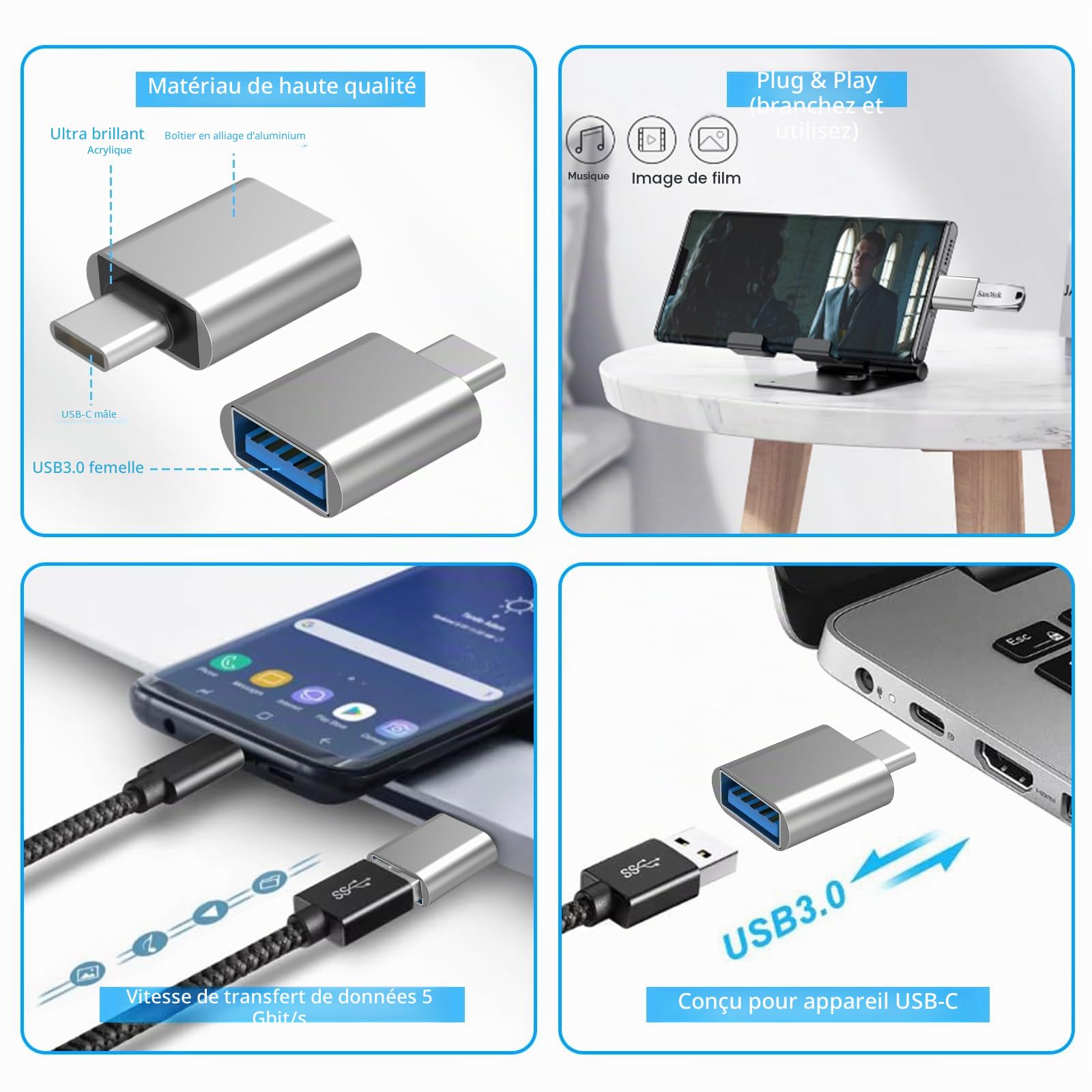 Adaptateur USB C vers USB 3.0 2 pièces Charge Rapide Data Sync Compatible iPhone 16 15 Plus Pro Max MacBook iPad Air Samsung