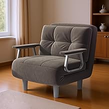1 Seater Convertible Corduroy Sofa - Convertible Armchair with Cushion and Metal Armrests (Khaki)