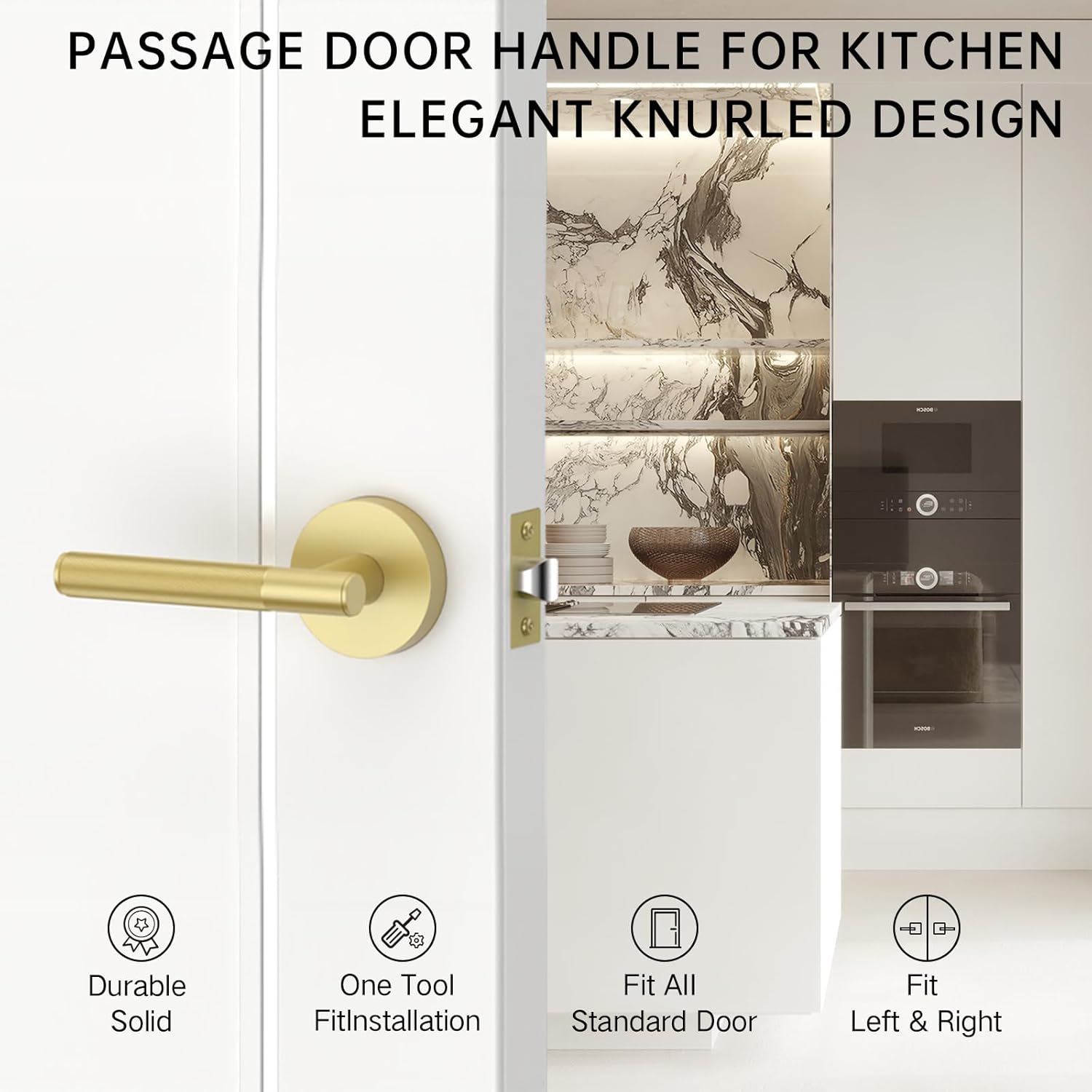 FILTA 6 Pack Gold Door Handles Interior Passage Round Door Handle Knobs Knurled Heavy Duty Keyless Door Lever Lock for Bedroom and Bathroom