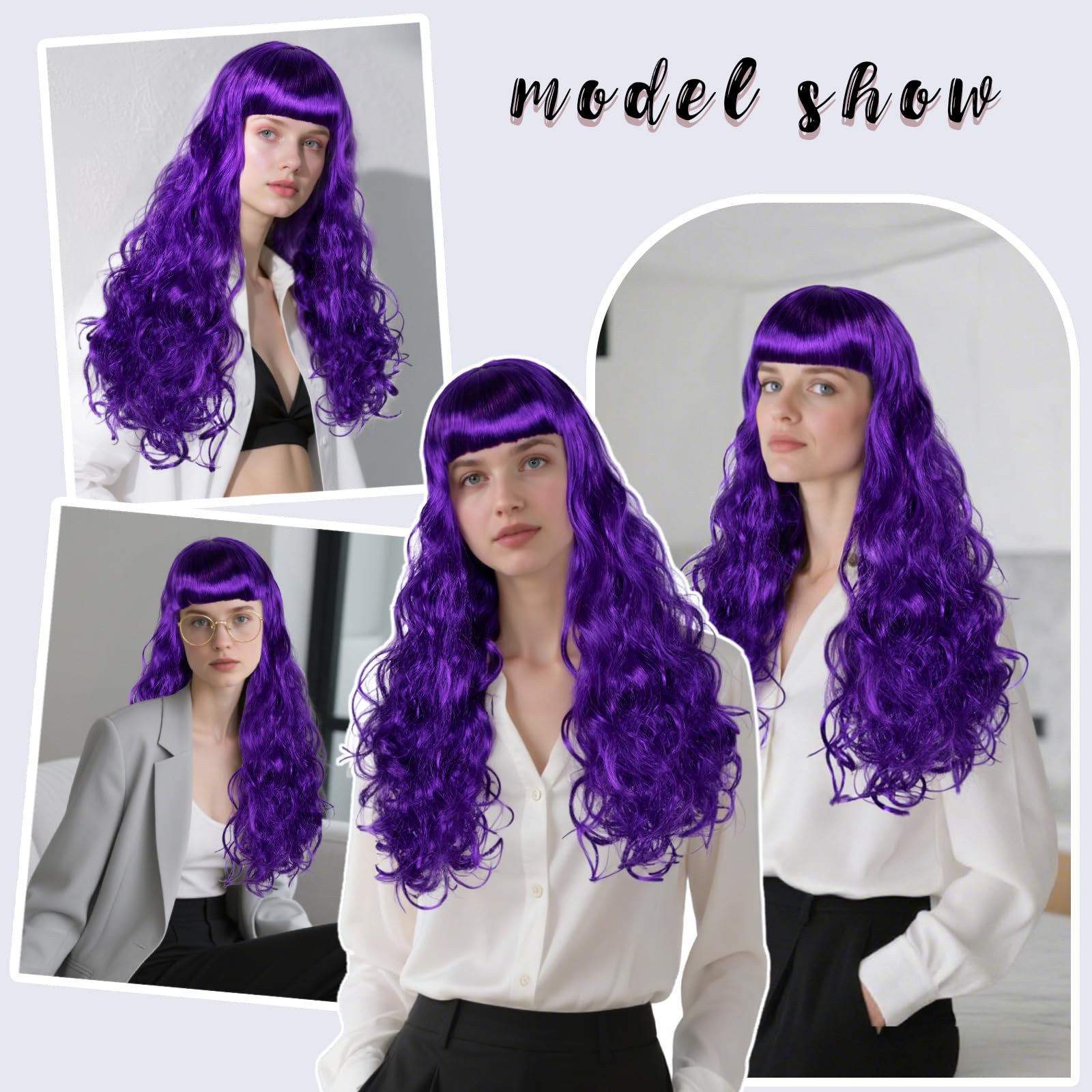 BEKIDER (+Hair Cap) Long Wavy Dark Purple Wig with Bangs Womens Purple Curly Wig Cosplay Synthetic Wigs for Halloween Cosplay Fancy Dress Wigs Daily Party Outfit - Image 4