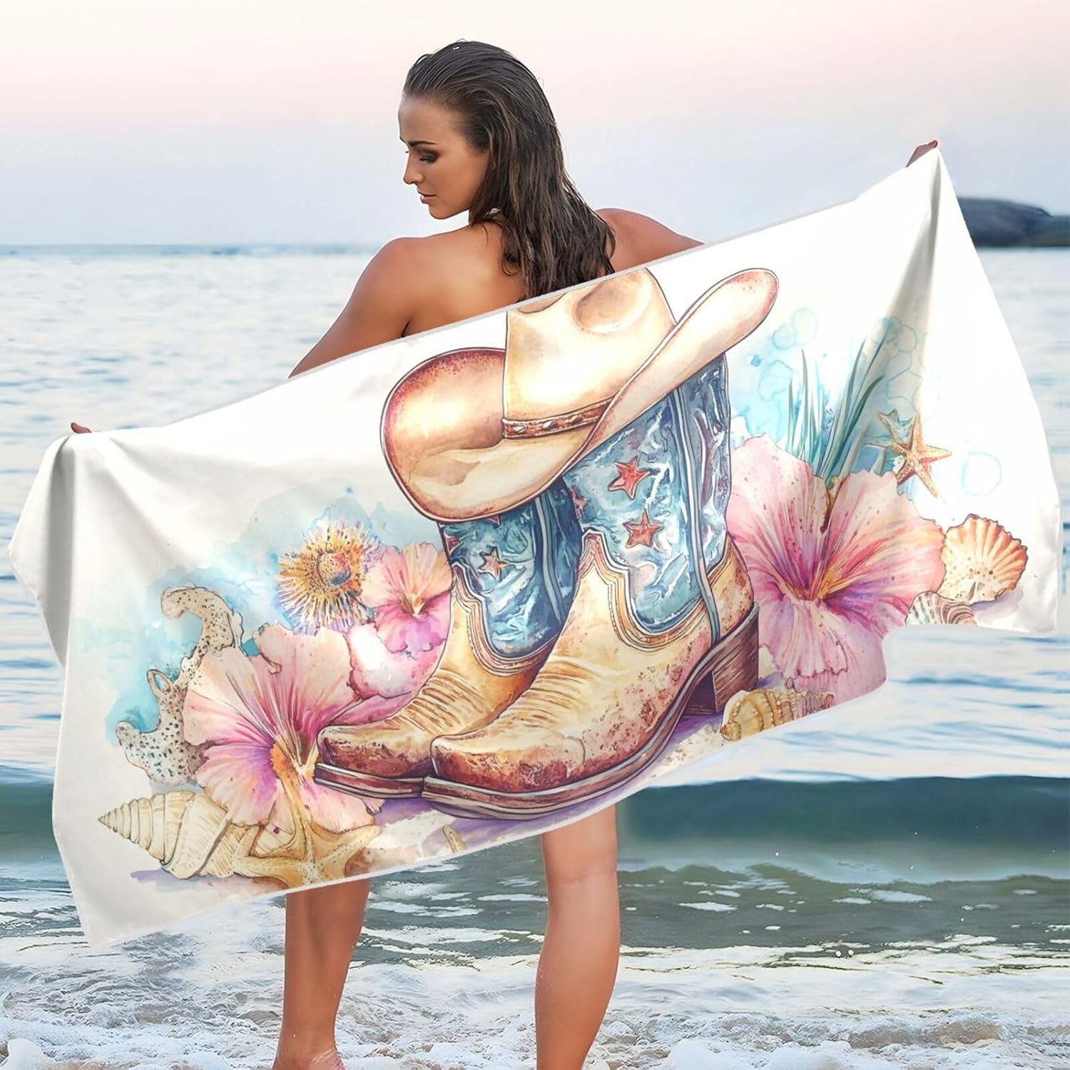 Cowboy Boots Beach Towels Oversized, Sturdy Thin Beach Blanket Wrap Sand Free for Travel Bath Pool L Size