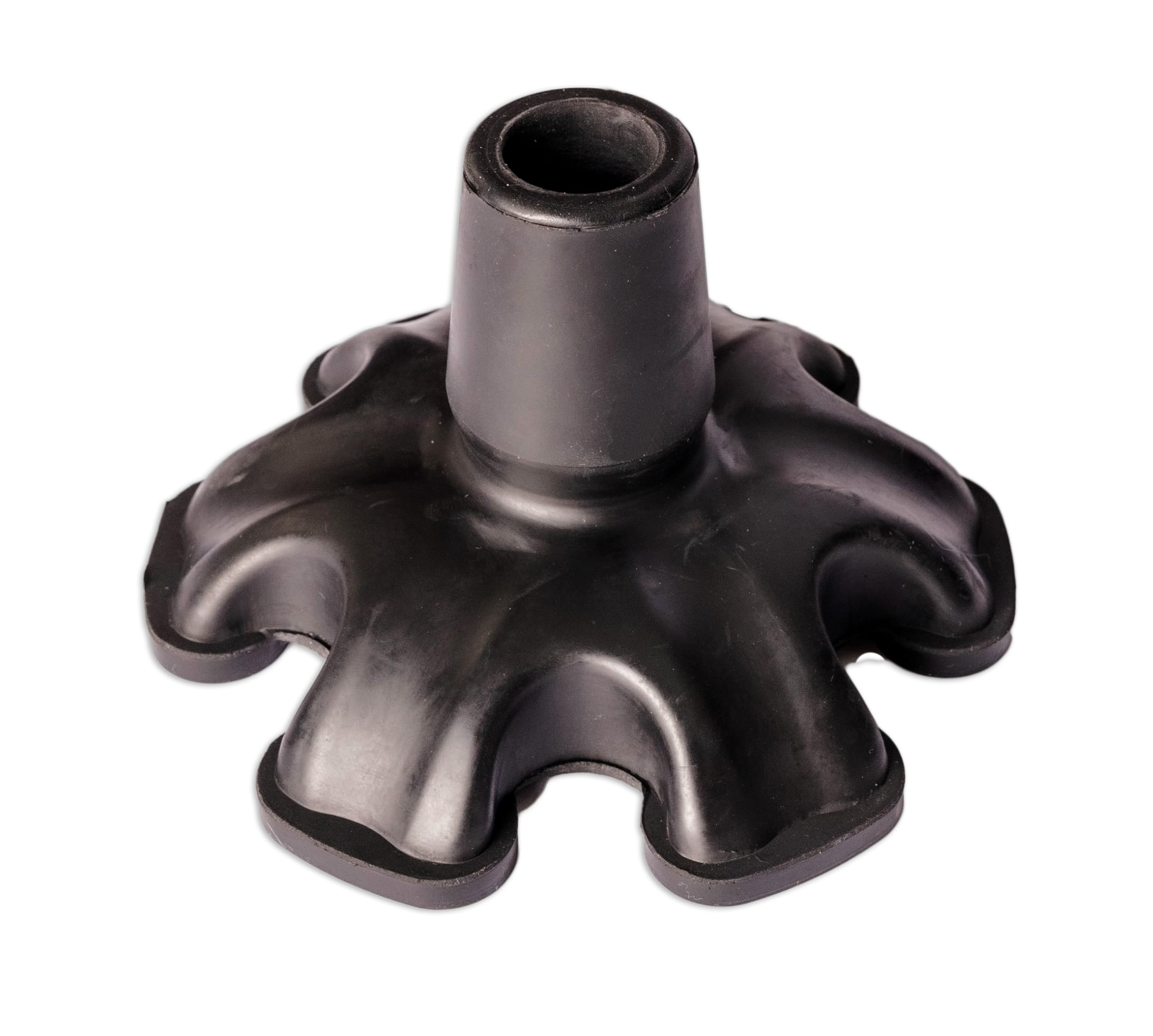 Contera grande de goma para muletas y bastones, universal 19mm diámeto, base grande con 6 patas, antideslizante y autoportante. Gran estabilidad y agarre.