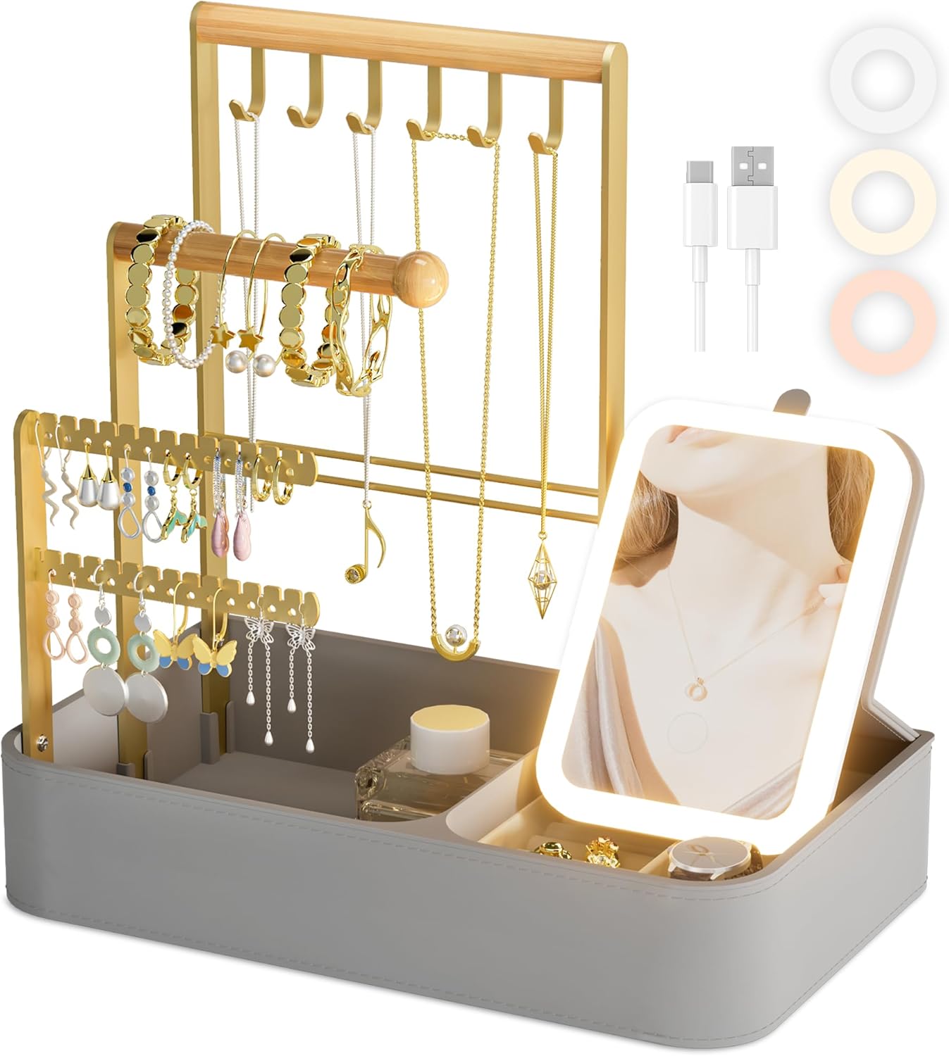 Vanity Mirror with Lights & 4 Tiers Jewelry Holder Organizer, Jewelry Display Stand for Bracelet, Necklace, Earrings, Rings, 1000mAh 3-Color Lighting Makeup Mirror, Light Gray