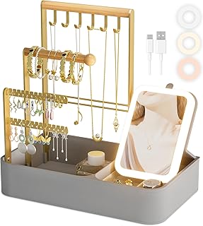 Soporte organizador de joyas con espejo LED, ...