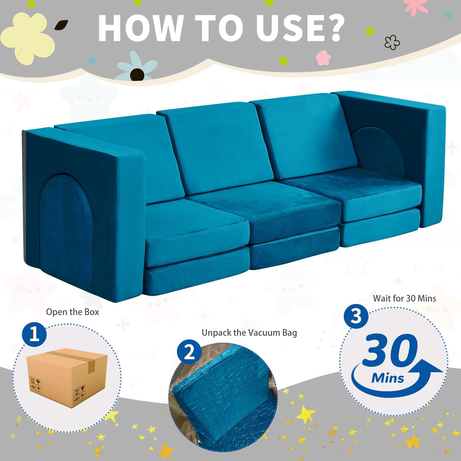 Spielsofa für Kinder 13-teilig, Modulares Kindersofa für Spielzimmer, 13-in-1 Multifunktionssofa zum Spielen, Kreativsein und Schlafen, Indoor-Kindercouch für Jungen und Mädchen