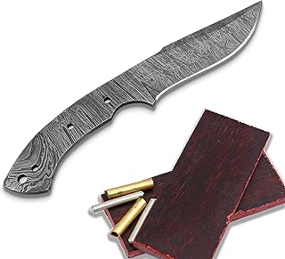 Damascus Knife Blanks, knife blade blanks fixed blade knife Damascus steel knife blanks for knife making kit, Knife Kit includes hunting knife Blank Knife Steel Blade, Pins, Knife with Sheath