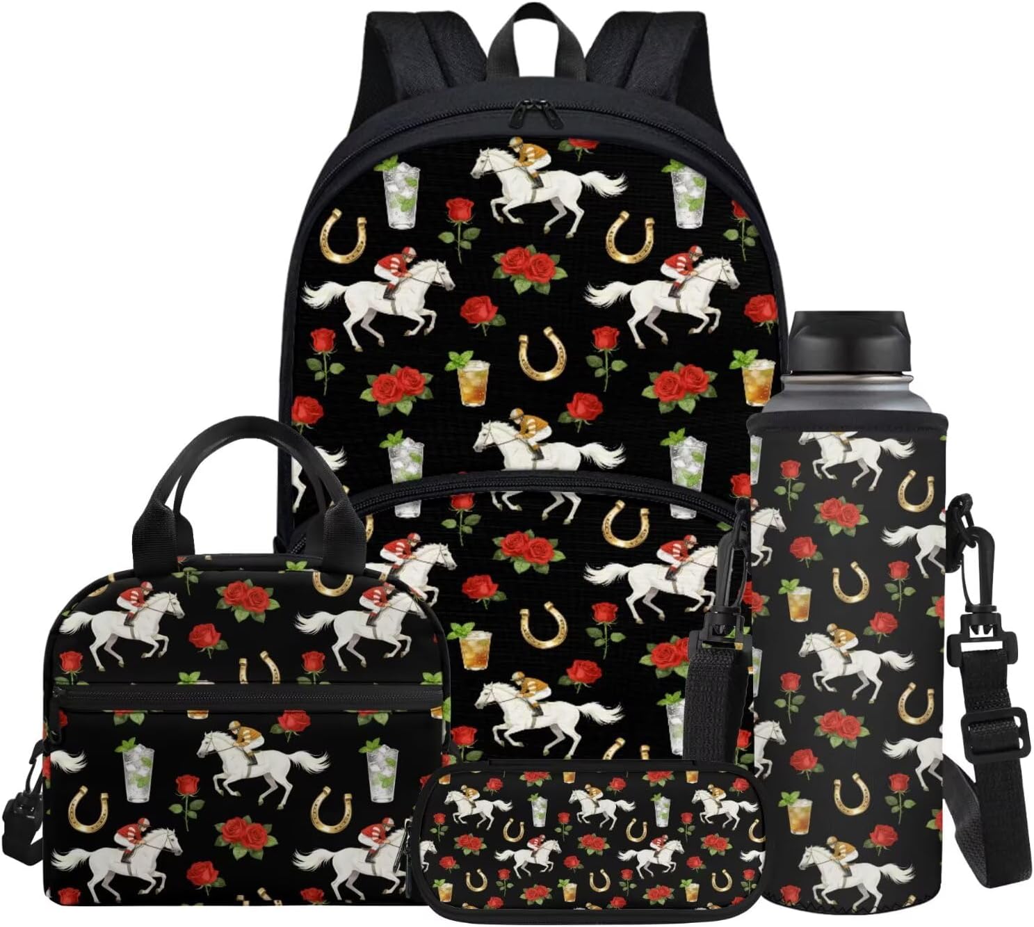 4pcs Backpack Set for Kids, Sunset Horse Sunflowers Print Teenage Students Bookbag with Lunch Bag & Pen Pouch & Water Bottle Cover for School Sport Travel