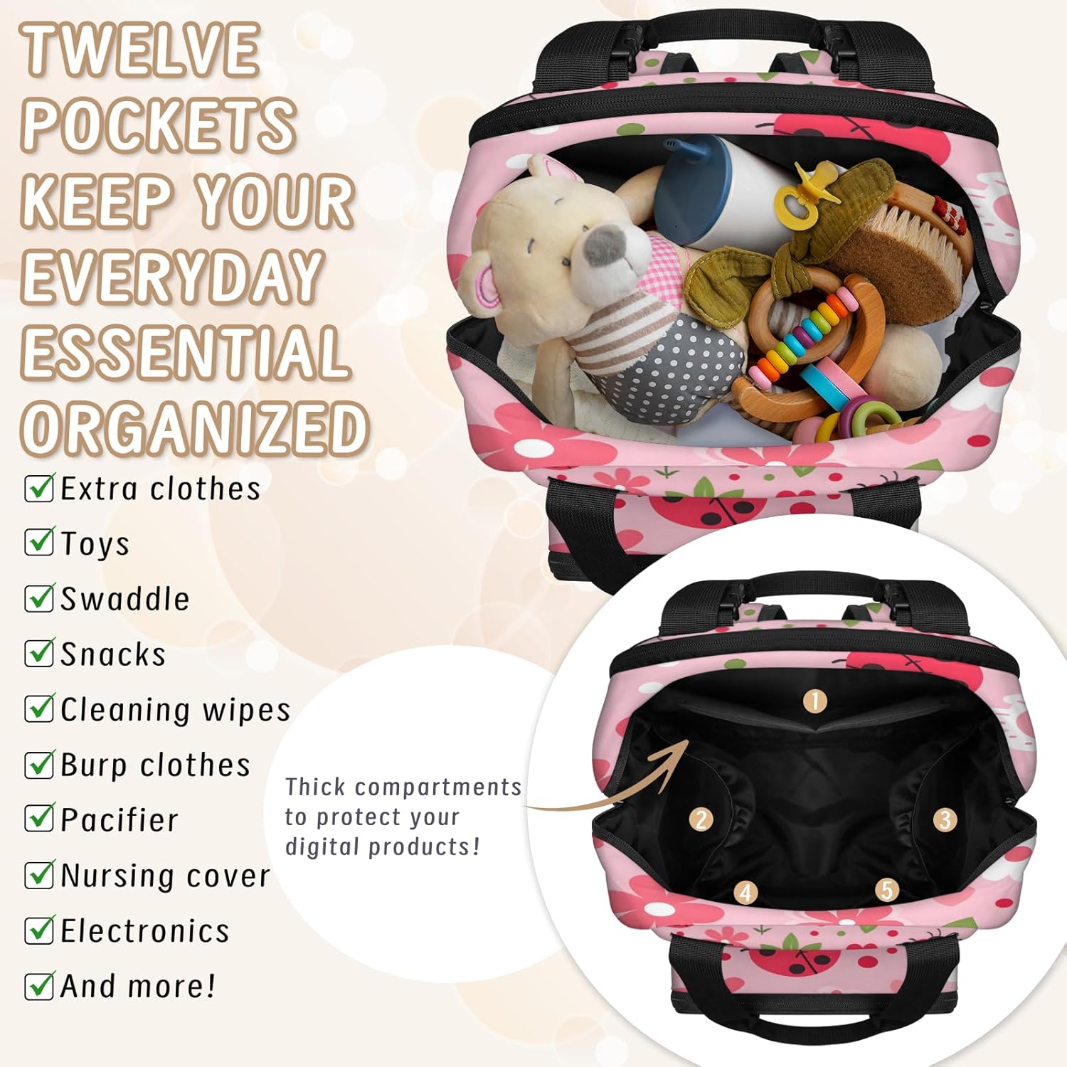 Floral Ladybugs Diaper Bag Backpack Essentials Travel Tote Bag Waterproof Backpacks for Women Men with Charging Port, Insulated Bottle Holders