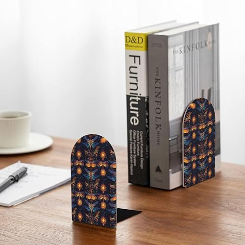Miniatura 4 de Book Ends for Shelves 1 Pair - Boho Style Dragonfly Print Wood with Metal Base Bookends for Heavy Books, Book Stand Organizer Holder for Books