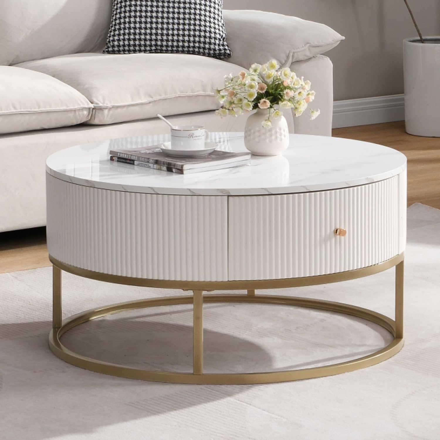 31.5 Inch Modern Round Coffee Table with Drawers, Faux MarbleTable with Storage, Coffee Table for Living Room