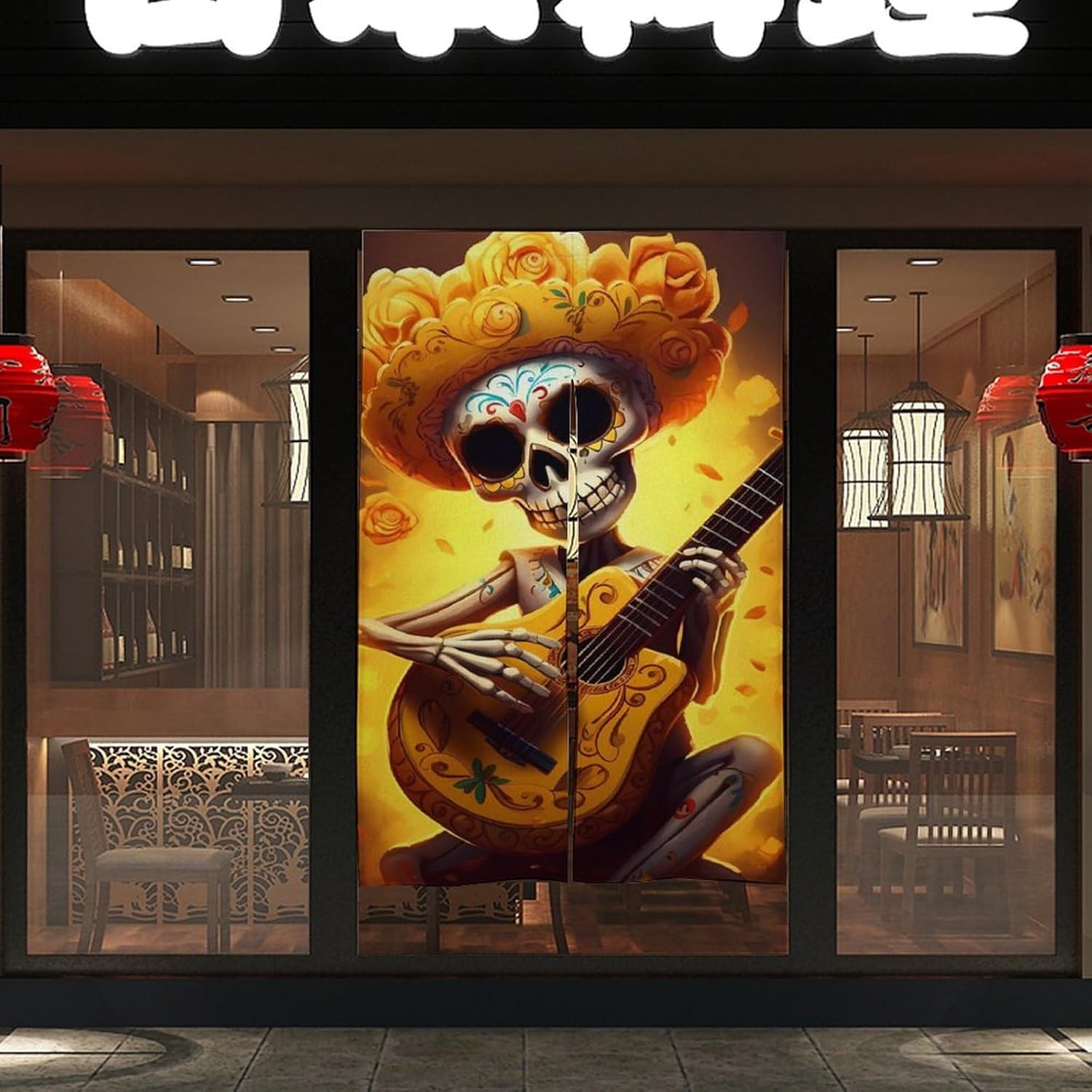 Funny Skull Playing Guitar Yellow Flower Door Curtain Blackout Door Cover Curtains Door Screen for Home Accessories