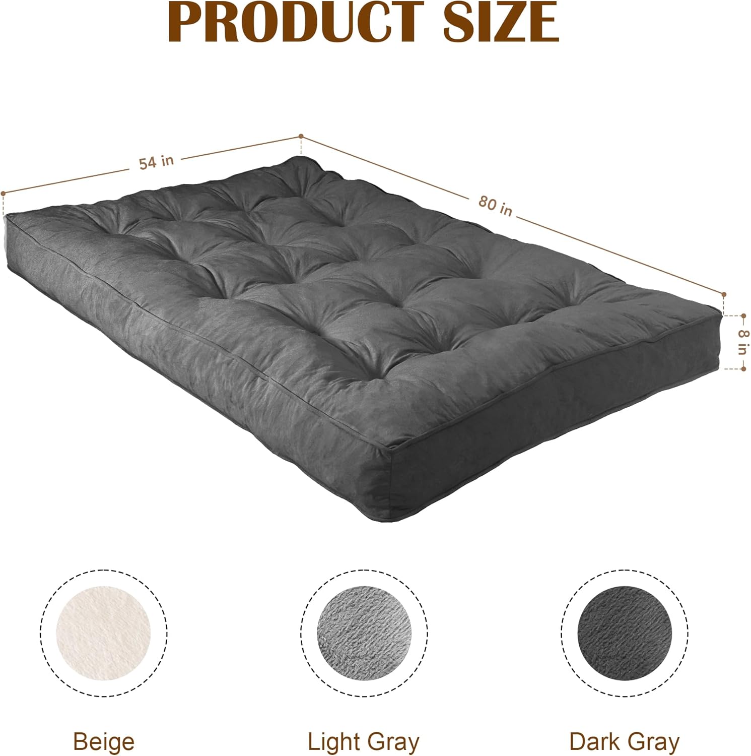 8" Futon Mattress Full Size 54" x 80", Extra Thick Floor Futon Mattress Comfy Sleeping Mat, Foldable Velvet Futon Sofa Bed for Camping, Guest, Dorm, Drak Gray(Frame Not Included)