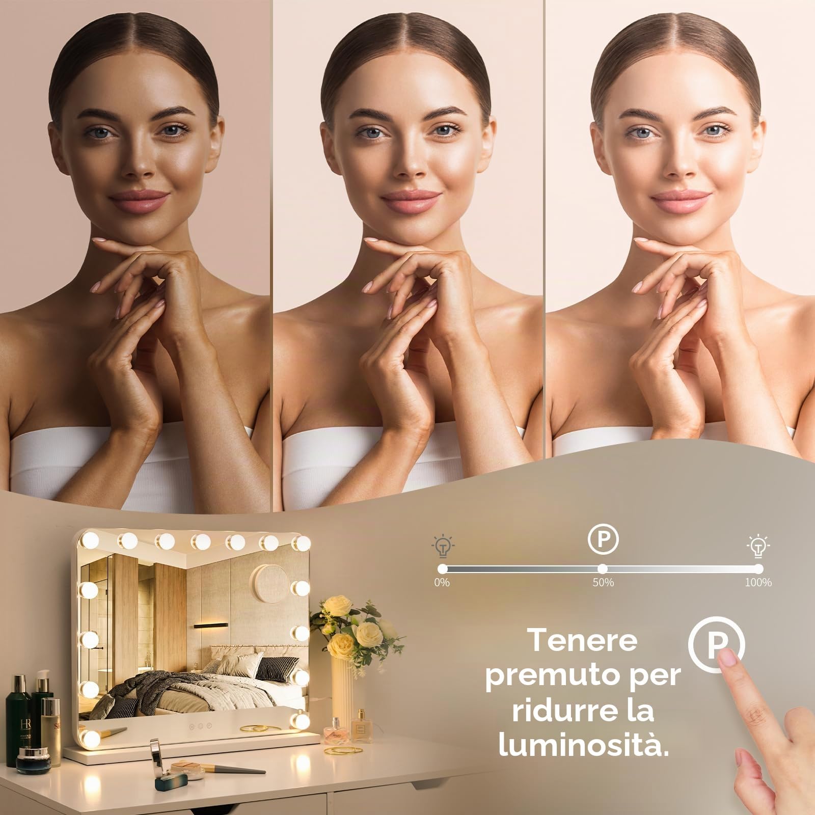 Clevich Hollywood Specchio Trucco con Luci, 58 x 46 cm Specchio con 15 Luci LED, 3 modalità Luce e controllo touch, porta USB, Specchi da parete o da tavolo (Bianco)