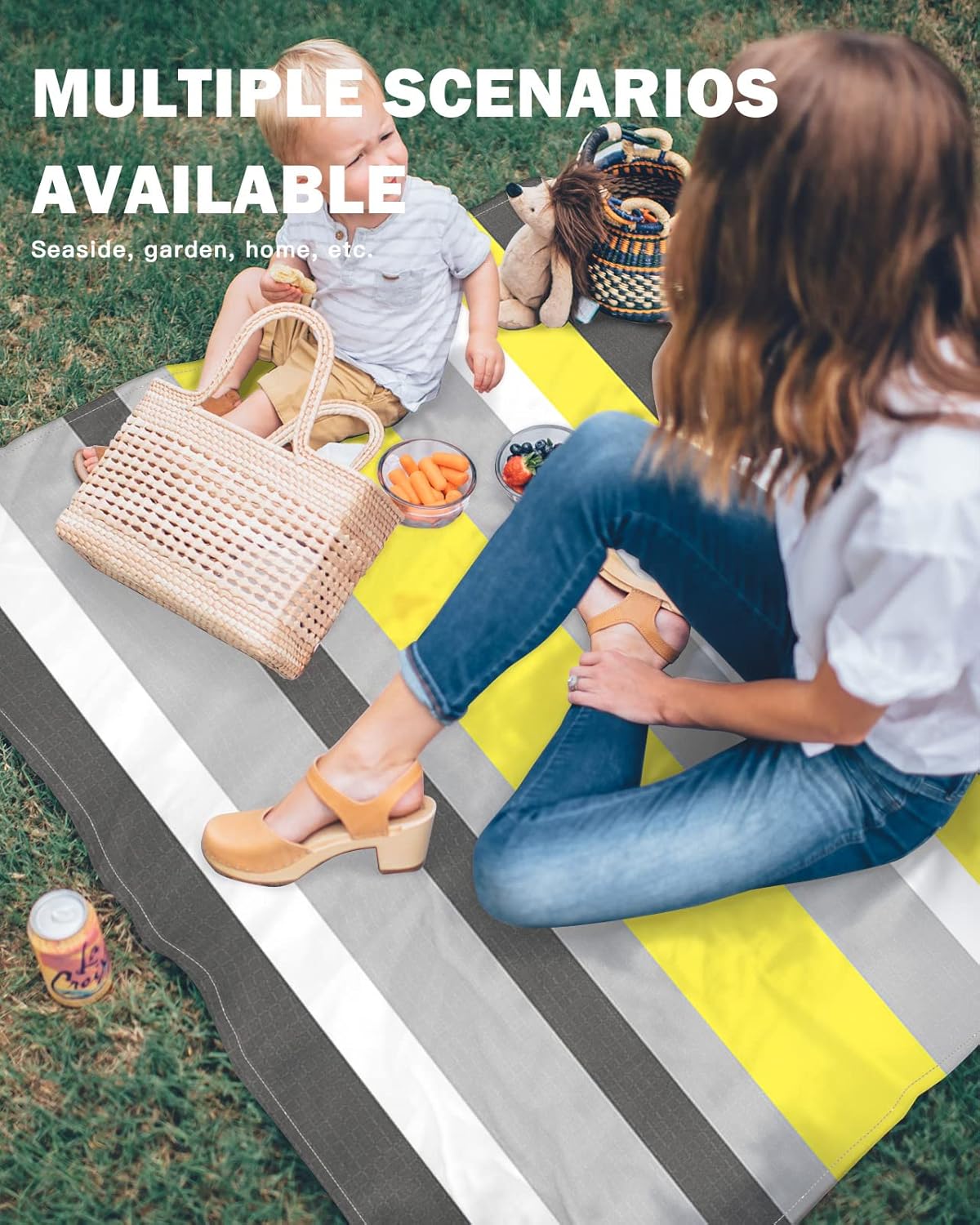 Horizontal Striped Beach Blanket Waterproof Sandproof Outdoor Picnic Mat 95"x80" Yellow Grey White Lightweight Large Beaach Blankets with 4 Stake & 4 Corner Pockets