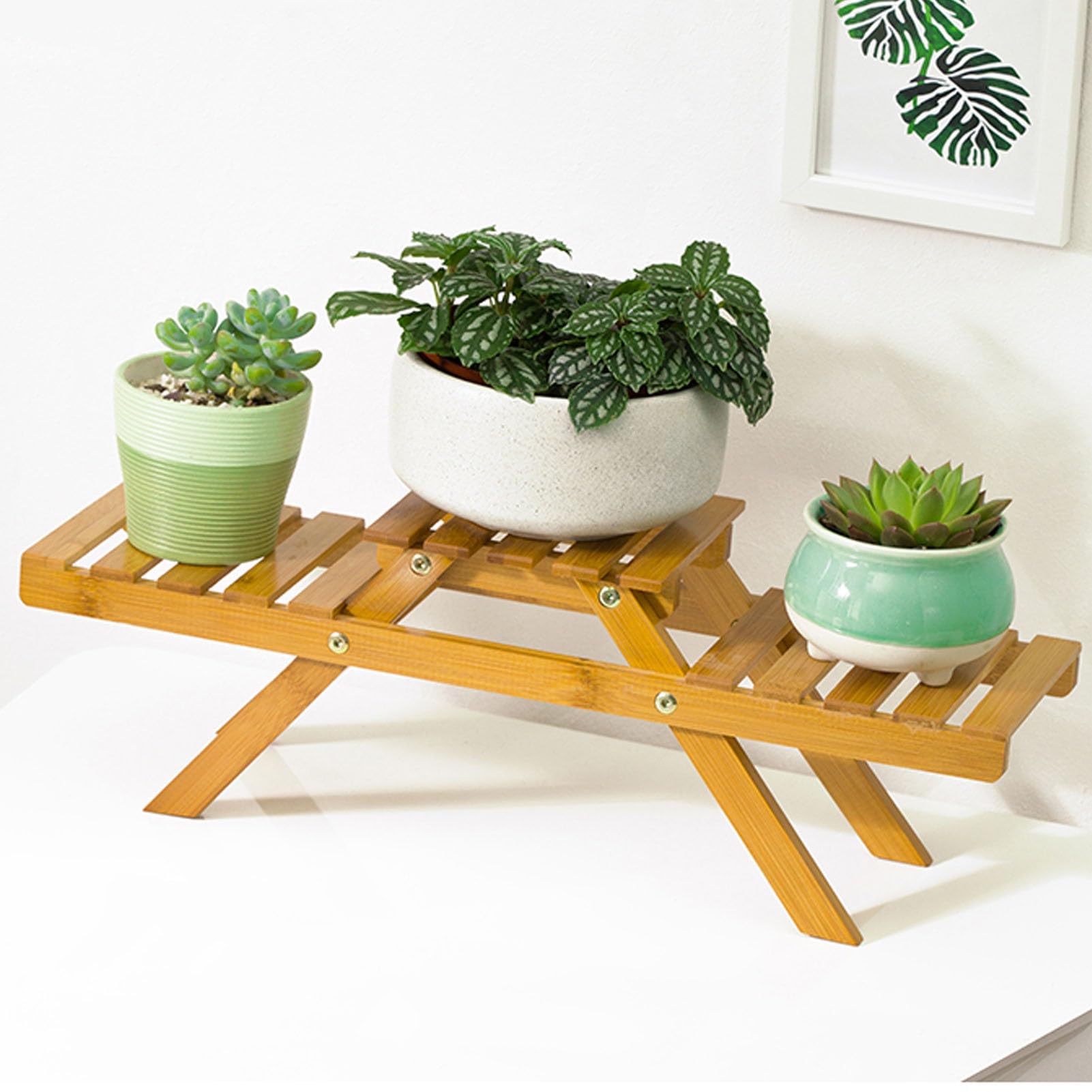 Support pour plantes de 20,5 pouces en bambou véritable étagère double niveau pour intérieur