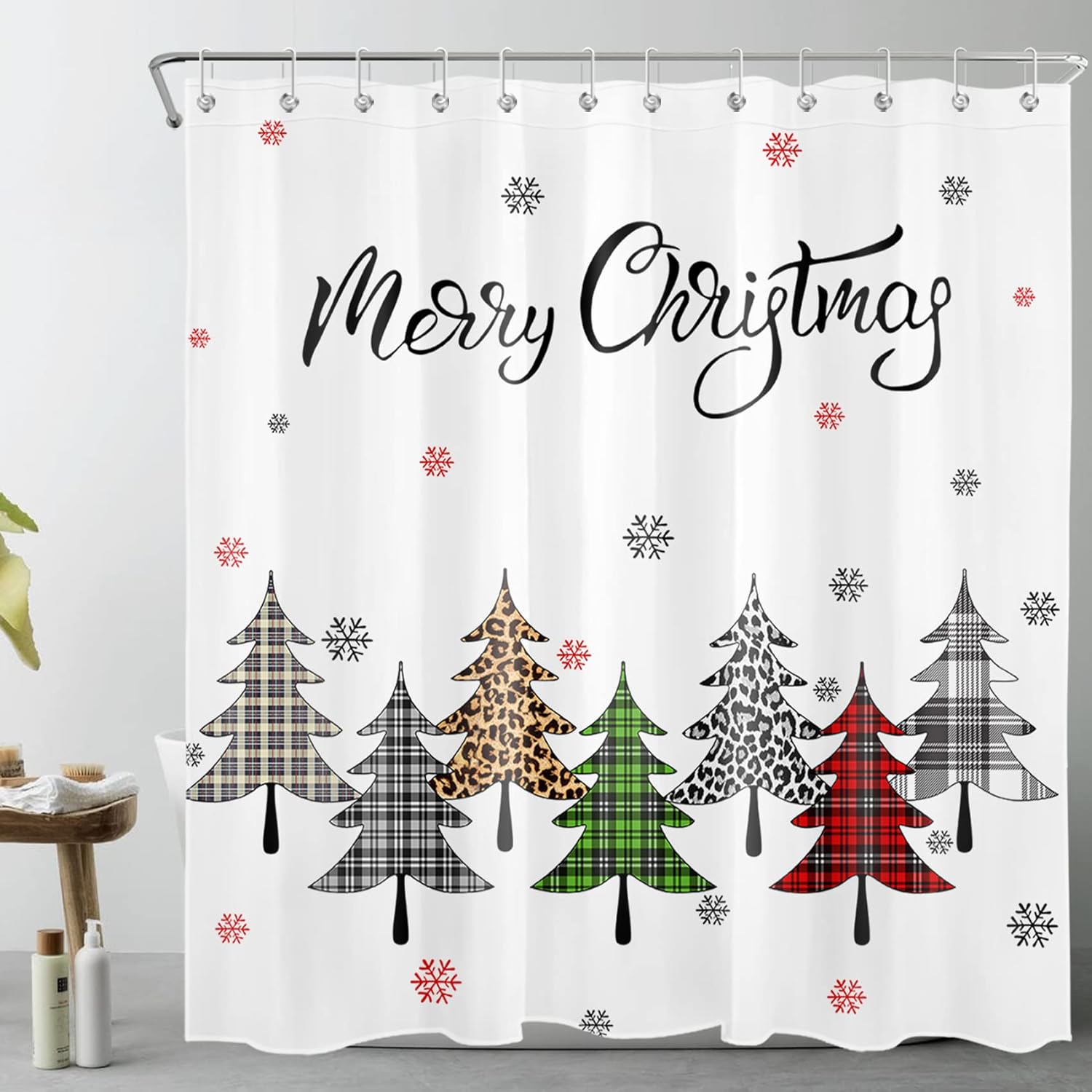 HVEST Christmas Shower Curtain with Bathroom Rugs, Rustic Xmas Tree Shower Curtain and Bath Mat, 72X72 inches Winter Snowflakes Shower Curtain Set Bathroom Decor