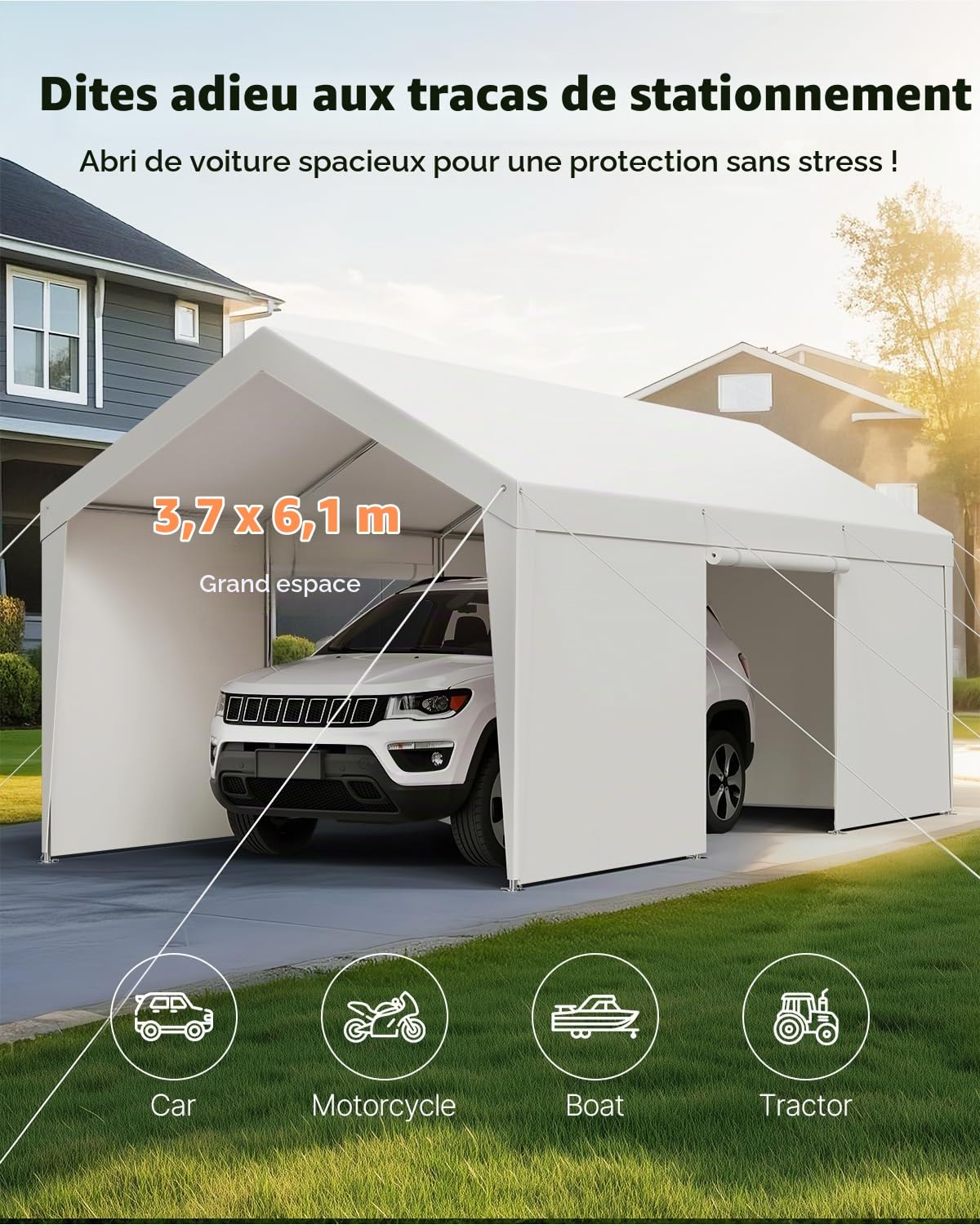 VEVOR Tente Garage, 3,65 x 6,09 m, Carport Abri de Voiture Extérieur avec Parois Latérales Amovibles et Portes, Résistant aux UV et à l'eau, Protection Toutes Saisons pour Automobile et Bateau, Blanc
