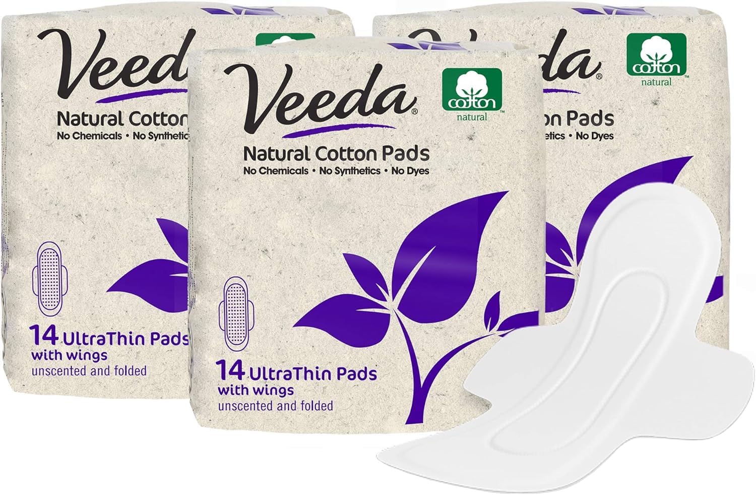 Veeda Natural Cotton Day Pads for Women – Heavy Flow Absorbent Ultra-Thin Feminine Pads with Wings – Hypoallergenic Period pads – Unscented & Chlorine free Sanitary Napkins – 42 Count (3 Packs of 14) Veeda Natural Cotton Day Pads for Women – Heavy Flow Absorbent Ultra-Thin Feminine Pads with Wings – Hypoallergenic Period pads – Unscented & Chlorine free Sanitary Napkins – 42 Count (3 Packs of 14)