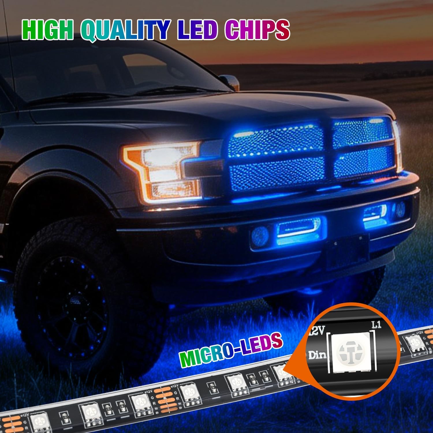 Nilight 4Pcs 24inch LED Grille Lights 144 LEDs RGB Multi Color Exterior Lighting Kit with Sound Active Function and Wireless Remote Control for Cars Van SUV Truck