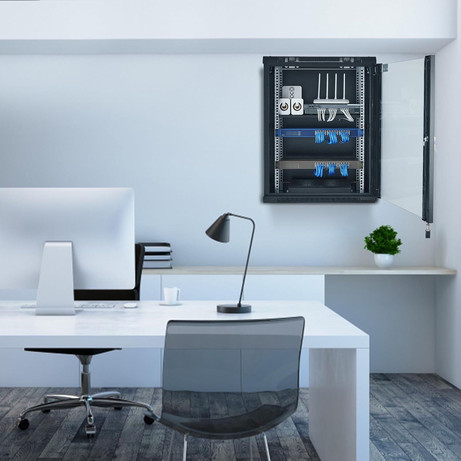 VEVOR 15U Wall Mount Network Server Cabinet installed on a wall in an office setting