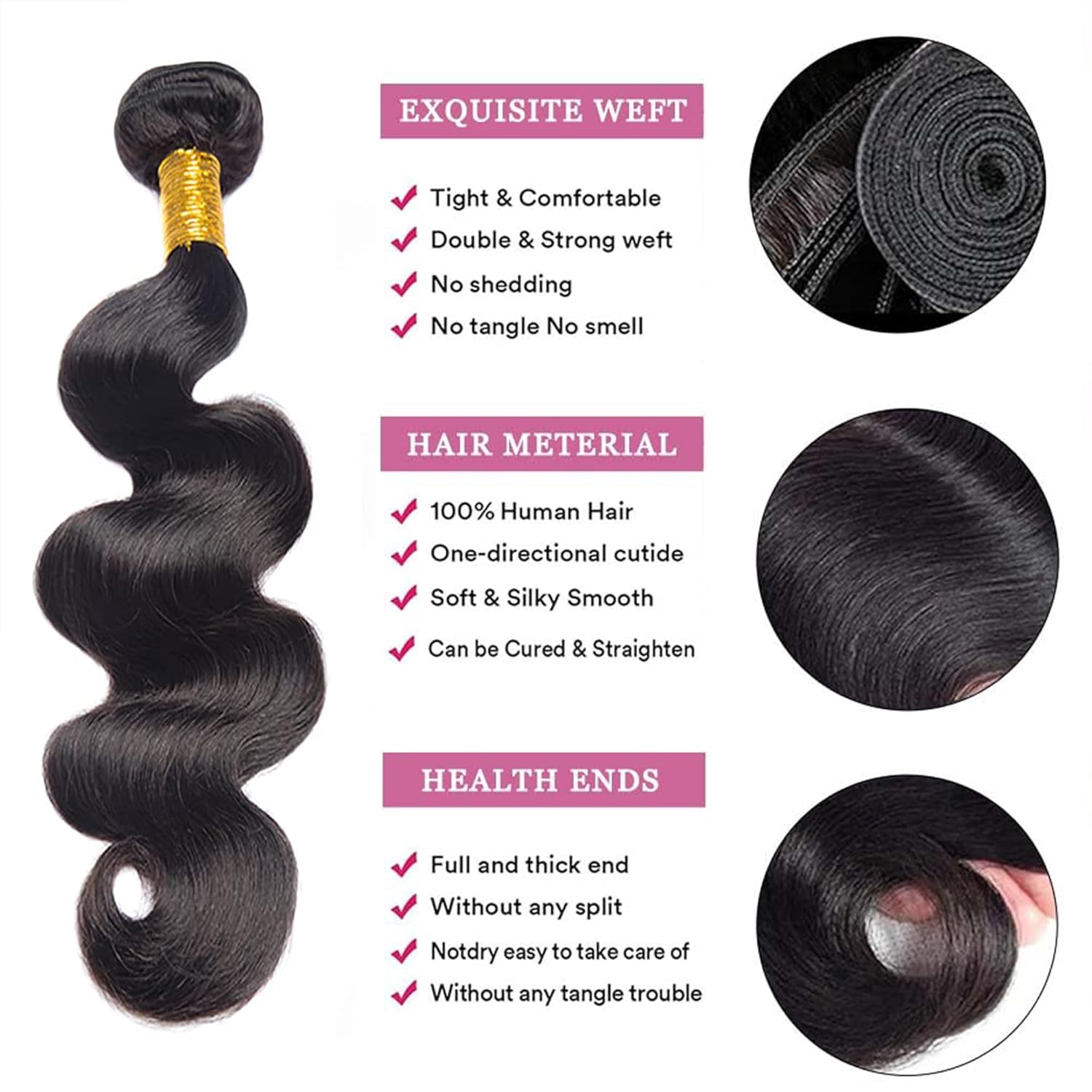 #1B Single Bundle Body Wave Human Hair Bundles 16 Inche Black Bundles Human Hair Unprocessed Brazilian Virgin Hair Extensions 1 Bundle 100g Total for Women