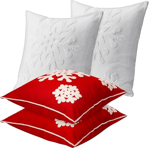 Miniatura 8 de Jetec 4 fundas de almohada navideñas de copos de nieve de 18 x 18 pulgadas, funda de almohada decorativa con bordado de copo de nieve, funda de